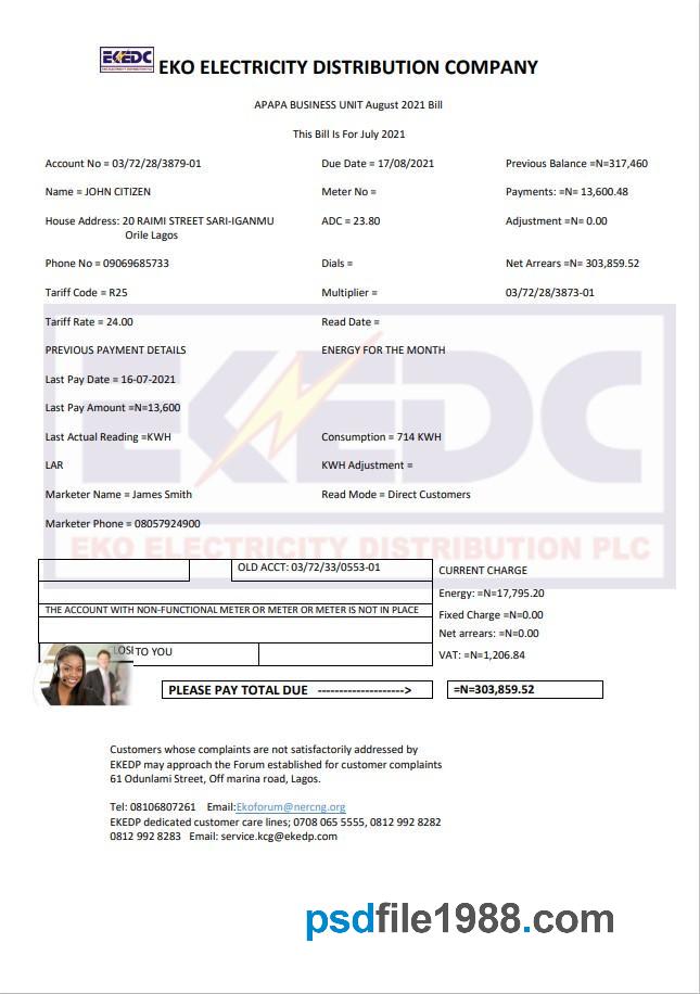 Nigeria Eko Electricity Distribution Company EKEDC Utility Bill